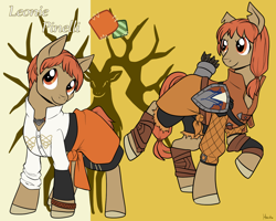 Size: 1280x1024 | Tagged: safe, artist:housho, earth pony, pony, bracelet, clothes, female, fire emblem, fire emblem: three houses, jewelry, leonie pinelli, mare, ponified, quiver, raised hoof, shield, torn ear