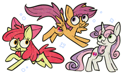 Size: 1000x600 | Tagged: safe, artist:nootnuts, apple bloom, scootaloo, sweetie belle, earth pony, pegasus, pony, unicorn, g4, bow, cutie mark crusaders, female, filly, hair bow, outline, simple background, transparent background, trio