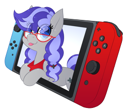 Size: 3557x3122 | Tagged: safe, artist:scarlet-spectrum, oc, oc only, oc:cinnabyte, earth pony, pony, adorkable, bandana, cinnabetes, commission, cute, dork, glasses, high res, looking at you, nintendo switch, simple background, solo, tongue out, transparent background, your character here