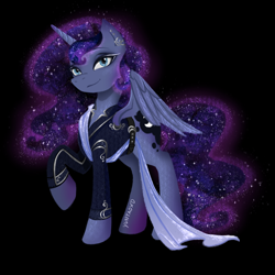 Size: 1024x1024 | Tagged: safe, artist:yuntaoxd, princess luna, alicorn, pony, g4, clothes, ethereal mane, female, galaxy mane, jewelry, mare, raised hoof, simple background, solo