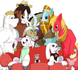 Size: 8000x7232 | Tagged: safe, alternate version, artist:albinoraynedeer, big macintosh, bulk biceps, discord, rockhoof, trouble shoes, oc, oc:lorrayne blanc, mouse, rabbit, anthro, g4, albino, animal, anon's couch, anthro with ponies, male, piper perri surrounded, stallion, straw in mouth