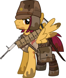 Size: 1280x1509 | Tagged: safe, artist:n0kkun, oc, oc only, oc:shiro tai, pegasus, pony, bag, belt, boots, clothes, dirt, gun, hat, imperial japan, imperial japanese army, katana, male, military, mud, pants, pouch, rifle, saddle bag, shoes, simple background, solo, stallion, sword, tank top, transparent background, weapon, world war ii