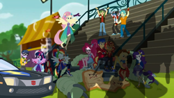 Size: 1366x768 | Tagged: safe, artist:electrahybrida, edit, edited screencap, screencap, applejack, brawly beats, flash sentry, fluttershy, jvj-24601, micro chips, pinkie pie, rainbow dash, rarity, ringo, sandalwood, sci-twi, sunset shimmer, twilight sparkle, oc, oc:flashbee, robot, cheer you on, equestria girls, g4, my little pony equestria girls: better together, autobot, bleachers, blue sneakers, bumblebee (transformers), car, cheer you on: attack of the decepticons, clash of hasbro's titans, crossover, decepticon, flash sentry's car, humane five, humane seven, humane six, implied megatron, implied sequel, implied starscream, megatron, not bumblebee, ponied up, sequel, shading, shadow, starscream, transformers