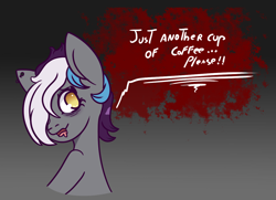 Size: 1176x853 | Tagged: safe, artist:lazerblues, oc, oc only, oc:addie, earth pony, pony, bags under eyes, bust, dialogue, ear piercing, gradient background, looking back, piercing, solo
