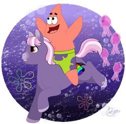Size: 1985x1965 | Tagged: source needed, safe, artist:69beas, oc, oc:pego, jellyfish, pony, unicorn, arms in the air, bubble, clothes, colored hooves, crossover, ear fluff, galloping, happy, male, ocean, open mouth, open smile, patrick star, riding, simple background, smiling, spongebob squarepants, stallion, swimming, transparent background, underwater, water