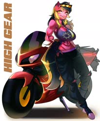 Size: 1536x1877 | Tagged: safe, artist:averageocporn, oc, oc only, oc:high gear, earth pony, anthro, abs, big breasts, boots, breasts, clothes, cutie mark, cutie mark on clothes, ear piercing, female, fingerless gloves, gloves, motorcycle, muscles, piercing, shoes, smiling, solo, sunglasses, tank top