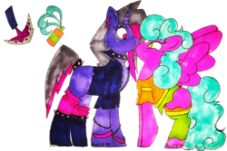 Size: 6000x4000 | Tagged: safe, artist:missroxielove, oc, oc only, oc:purple pedicure, oc:soothing scent, pegasus, pony, unicorn, boop, boots, bottomless, bracelet, clothes, collar, ear piercing, earring, eyebrow piercing, eyeshadow, female, jacket, jewelry, kissing, leather jacket, leg warmers, lesbian, makeup, noseboop, oc x oc, partial nudity, piercing, shipping, shirt, shoes, simple background, skirt, socks, spiked collar, t-shirt, traditional art, transparent background, wristband