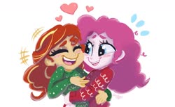 Size: 1368x840 | Tagged: safe, artist:wimsie, pinkie pie, sunset shimmer, human, equestria girls, g4, blushing, clothes, cute, diapinkes, duo, female, holiday, hug, lesbian, shimmerbetes, ship:sunsetpie, shipping, sweater, sweet dreams fuel