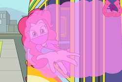 Size: 1198x805 | Tagged: safe, artist:author92, pinkie pie, equestria girls, g4, alternate clothes, brightly colored ninjas, bus, female, knockout gas, kunoichi, looking at you, mask, ninja, offscreen character, pov, sleep powder, the rainbooms tour bus, tour bus