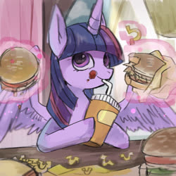 Size: 1000x1000 | Tagged: safe, artist:hosikawa, twilight sparkle, alicorn, pony, g4, adorkable, alicorn metabolism, burger, cute, dork, drink, drinking, eating, fast food, female, food, french fries, hay burger, hay fries, hoof hold, horseshoe fries, japanese, magic, mare, messy eating, sitting, solo, spread wings, straw, stuffing, telekinesis, this will end in weight gain, twiabetes, twilight burgkle, twilight sparkle (alicorn), wings