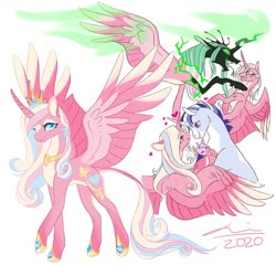 Size: 2000x2000 | Tagged: safe, artist:creeate97, princess cadance, princess flurry heart, queen chrysalis, shining armor, alicorn, changeling, changeling queen, pony, unicorn, g4, alternate design, baby, baby pony, disguise, disguised changeling, fake cadance, female, floating heart, heart, high res, leonine tail, male, ship:shiningcadance, shipping, simple background, straight, white background