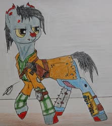 Size: 2682x3024 | Tagged: safe, artist:darthalex70, oc, oc only, oc:silent echo, earth pony, ghoul, pony, undead, fallout equestria, blood, clothes, colored pencil drawing, fallout equestria:all things unequal (pathfinder), gun, high res, solo, traditional art, weapon