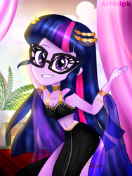 Size: 1800x2400 | Tagged: safe, artist:artmlpk, sci-twi, twilight sparkle, human, equestria girls, g4, adorasexy, adorkable, armlet, beautiful, beautisexy, belly button, belly dancer, belly dancer outfit, breasts, choker, cleavage, cleopatra, clothes, costume, crown, curtains, cute, desert, design, dork, dress, egypt, egyptian, eyelashes, female, harem outfit, jewelry, long hair, looking at you, midriff, necklace, outfit, plant, plants, regalia, sexy, smiling, smiling at you, solo, stupid sexy sci-twi, sunset, twiabetes