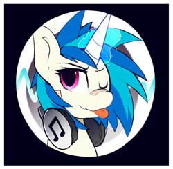Size: 1280x1255 | Tagged: safe, alternate version, artist:kribbles, dj pon-3, vinyl scratch, pony, unicorn, g4, :p, bandaid, bandaid on nose, bust, button, cute, female, glowing horn, headphones, horn, magic, magic aura, mare, one eye closed, portrait, solo, tongue out, vinylbetes, wink