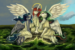 Size: 6000x4000 | Tagged: safe, artist:misstwipietwins, princess celestia, princess luna, oc, oc:fausticorn, alicorn, anthro, unguligrade anthro, g4, absurd resolution, clothes, crying, faust worship, female, goddess, halo, hand on chest, horn, signature, spread wings, trio, trio female, wings