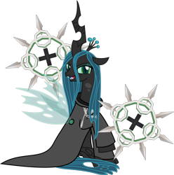 Size: 2840x2858 | Tagged: safe, artist:sketchmcreations, queen chrysalis, changeling, changeling queen, g4, axel, chakram, clothes, coat, disney, female, high res, kingdom hearts, looking at you, nobody, organization xiii, raised hoof, simple background, sitting, smiling, solo, transparent background, vector, weapon