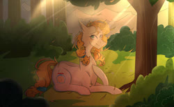 Size: 1663x1034 | Tagged: safe, artist:casteyla, pear butter, earth pony, pony, g4, crepuscular rays, female, flower, flower in hair, forest, hoof on chest, petals, prone, smiling, solo, tree