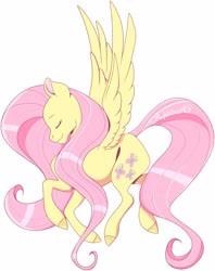 Size: 3250x4096 | Tagged: safe, artist:mapleiciousmlp, fluttershy, pegasus, pony, g4, design, eyes closed, female, long mane, shirt design, signature, simple background, smiling, solo, speedpaint available, spread wings, white background, wings