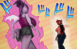 Size: 1689x1080 | Tagged: safe, artist:donglysfm, oc, oc:cayenne (changeling), oc:waffles (changeling), changeling, anthro, plantigrade anthro, 3d, big breasts, breasts, busty changeling, changeling oc, clothes, duo, duo female, female, huge breasts, jojo's bizarre adventure, oh you're approaching me, purple changeling, red changeling, reference, source filmmaker, ド ド ド