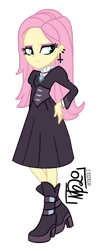 Size: 740x1909 | Tagged: safe, artist:tassji-s, fluttershy, equestria girls, fake it 'til you make it, g4, boots, clothes, dress, ear piercing, earring, female, fluttergoth, goth, hand on hip, inverted cross, jewelry, lidded eyes, long sleeves, necklace, piercing, shoes, simple background, solo, transparent background