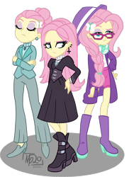 Size: 1491x2052 | Tagged: source needed, safe, artist:tassji-s, fluttershy, equestria girls, fake it 'til you make it, g4, alternate hairstyle, clothes, ear piercing, earring, female, fluttergoth, glasses, hair bun, hat, hipstershy, jewelry, multeity, pants, piercing, self paradox, severeshy, simple background, solo, sweater, transparent background, triality