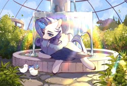 Size: 2039x1378 | Tagged: safe, artist:xieyanbbb, rarity, bird, pony, unicorn, g4, the last problem, clothes, dome, dress, female, fountain, glowing horn, horn, magic, mare, older, older rarity, plant, ribbon, solo, telekinesis