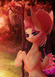 Size: 732x1020 | Tagged: safe, artist:elektra-gertly, fluttershy, pegasus, pony, g4, alternate hairstyle, female, mare, solo, staff, stick, tree