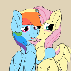Size: 2125x2125 | Tagged: safe, artist:jubyskylines, fluttershy, rainbow dash, pegasus, pony, g4, bedroom eyes, beige background, blushing, cute, duo, duo female, female, folded wings, high res, implied shipping, lesbian, looking at you, mare, ship:flutterdash, shipping, shy, shyabetes, simple background, smiling, smiling at you, spread wings, tongue out, wings