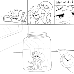 Size: 2000x2000 | Tagged: artist needed, safe, rainbow dash, pegasus, pony, g4, black and white, comic, cursed image, dizzy, female, grayscale, high res, lewd container meme, lineart, meme, micro, monochrome, pony in a bottle, solo, squeans, the implications are horrible, underhoof, waking up