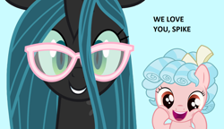 Size: 1328x766 | Tagged: safe, artist:chrysipuff, artist:earlpeterg, edit, cozy glow, queen chrysalis, g4, adorkable, cozy glow is best facemaker, cozybetes, cute, cutealis, dork, dorkalis, glassalys, glasses, implied cozyspike, implied spike, shipping, spike gets all the mares, spike gets all the villainesses