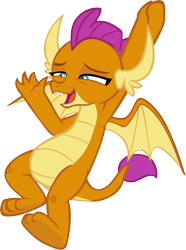 Size: 4471x6014 | Tagged: safe, artist:memnoch, smolder, dragon, g4, molt down, absurd resolution, amused, blinking, claws, dragoness, feet, female, hanging, laughing, show accurate, simple background, smiling, smirk, smugder, solo, spread wings, teenaged dragon, teenager, toes, transparent background, underfoot, vector, wings