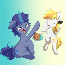 Size: 3029x3029 | Tagged: safe, artist:yinglung, oc, oc:moonlight toccata, oc:stormy squall, pegasus, pony, unicorn, alcohol, bad influence, beer, blushing, cross-eyed, drunk, duo, facehoof, high res, magic, magic aura