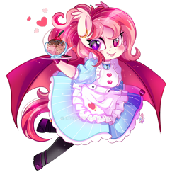 Size: 800x800 | Tagged: safe, artist:ipun, oc, oc only, oc:blood moon, bat pony, anthro, unguligrade anthro, anthro oc, apron, arm hooves, bat pony oc, clothes, deviantart watermark, dress, fangs, female, food, friendship cafe, heart, heterochromia, ice cream, maid, mare, obtrusive watermark, shoes, simple background, socks, solo, transparent background, watermark