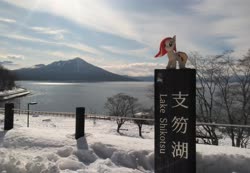 Size: 2048x1414 | Tagged: safe, artist:hihin1993, oc, oc only, oc:poniko, pony, irl, japan, japanese, lake, mountain, photo, plushie, scenery, snow, solo