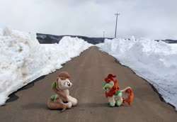 Size: 2080x1428 | Tagged: safe, artist:hihin1993, autumn blaze, oc, oc:pirika, g4, irl, japan, photo, plushie, road, snow