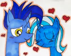 Size: 2220x1755 | Tagged: safe, artist:melisareb, hoo'far, trixie, pony, unicorn, g4, blushing, bust, duo, eyes closed, female, heart, i can't believe it's not 徐詩珮, lidded eyes, male, mare, shipping, stallion, straight, traditional art, trixfar