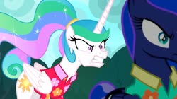 Size: 1024x574 | Tagged: safe, screencap, princess celestia, princess luna, alicorn, pony, between dark and dawn, g4, season 9, angry, argument, bickering sisters, breakdown, celestia is not amused, clothes, cutie mark, duo, ethereal mane, faic, female, flowing mane, folded wings, gritted teeth, hawaiian shirt, luna is not amused, mare, ponytail, rage, royal sisters, shirt, shrunken pupils, siblings, sisters, tail bun, unamused, vacation, wings