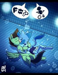 Size: 2334x3000 | Tagged: safe, artist:uwdr-64, oc, oc:cyan the cat, oc:delta hooves, cat, pegasus, pony, anthro, anthro with ponies, aquaphilia, closing time, clothes, commission, conversation, deltacyan, embrace, eyes closed, feline, fetish, hidden, high res, interspecies, kissing, offscreen character, shipping, swimming pool, swimsuit, traditional art, underwater