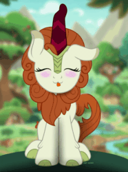 Size: 600x808 | Tagged: safe, artist:bastbrushie, part of a set, autumn blaze, kirin, pony, g4, :3, animated, awwtumn blaze, bastbrushie is trying to kill us, blushing, cute, daaaaaaaaaaaw, eyes closed, female, fluffy, front view, full face view, gif, happy, hnnng, horn, sitting, solo, tail, text, tongue out, tree