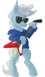 Size: 1300x2200 | Tagged: safe, artist:sixes&sevens, doctor whooves, time turner, bat pony, g4, clothes, doctor who, flying v, guitar, hoodie, musical instrument, simple background, sunglasses, the doctor, transparent background, twelfth doctor