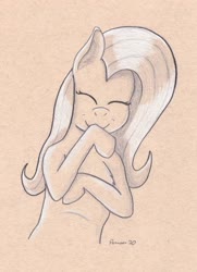Size: 3243x4490 | Tagged: safe, artist:peruserofpieces, fluttershy, pegasus, pony, g4, bust, crossed arms, female, mare, pencil drawing, smiling, toned paper, traditional art