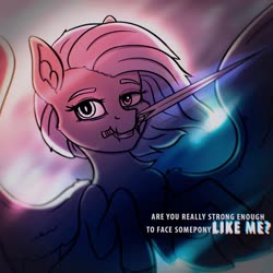 Size: 1920x1920 | Tagged: safe, artist:tanatos, oc, oc only, oc:silver dust, pony, demonic, female, light blue hair, mare, mouth hold, pegasus oc, purple eyes, redraw, solo, sword, weapon, wings