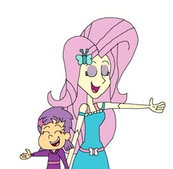 Size: 1233x1205 | Tagged: safe, artist:hunterxcolleen, fluttershy, human, equestria girls, g4, my little pony equestria girls: better together, so much more to me, bubble guppies, clothes, crossover, duo, eyes closed, not scootaloo, oona, oona (bubble guppies), open mouth, raised hand, simple background, singing, stars, white background