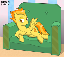 Size: 2157x1933 | Tagged: safe, artist:gradiusfanatic, spitfire, pegasus, pony, g4, bedroom eyes, couch, draw me like one of your french girls, female, mare, signature, solo, spread wings, wings