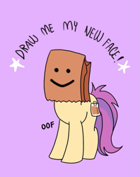 Size: 795x1005 | Tagged: safe, oc, oc only, oc:paper bag, earth pony, pony, draw me my new face, exploitable meme, female, mare, meme, oof, paper bag, purple background, roblox, simple background, solo