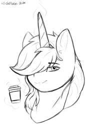 Size: 983x1431 | Tagged: safe, artist:flashnoteart, oc, oc only, oc:flashnote, pony, unicorn, black and white, bust, coffee cup, cup, grayscale, male, monochrome, portrait, sketch, solo