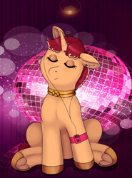 Size: 1969x2663 | Tagged: safe, artist:69beas, oc, oc only, oc:jessie feuer, pony, unicorn, collar, colored hooves, disco, ear fluff, eyes closed, eyeshadow, female, frog (hoof), happy, makeup, mare, mp3 player, sitting, smiling, solo, underhoof