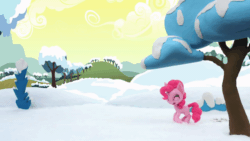 Size: 800x450 | Tagged: safe, screencap, pinkie pie, earth pony, pony, g4.5, ice and slice, my little pony: stop motion short, animated, cute, diapinkes, female, gif, happy, horses doing horse things, jumping, looking at something, male, outdoors, ponk, rolling, smiling, snow, solo, sonic the hedgehog, sonic the hedgehog (series), stop motion, tree, trotting