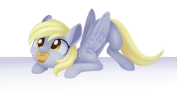 Size: 1630x886 | Tagged: safe, artist:dusthiel, derpy hooves, pegasus, pony, g4, cheek fluff, cute, derpabetes, face down ass up, female, food, leg fluff, mare, mouth hold, muffin, simple background, solo, transparent background