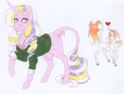 Size: 3670x2772 | Tagged: safe, artist:frozensoulpony, oc, oc only, oc:belle glitterati, oc:systole, pony, unicorn, clothes, female, high res, magical lesbian spawn, male, mare, offspring, parent:prince blueblood, parent:rarity, parent:raven, parent:raven inkwell, parent:upper crust, parents:rariraven, shirt, stallion, sweater, traditional art